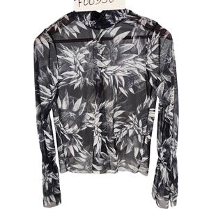 Zara Trafaluc Black White Palm Print Sheer Ruched Neck Balloon Sleeve Blouse S